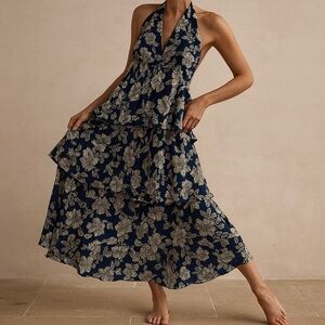 NWT Aakaa Navy and White Ruffle Halter Neck Floral Maxi Dress Size Large